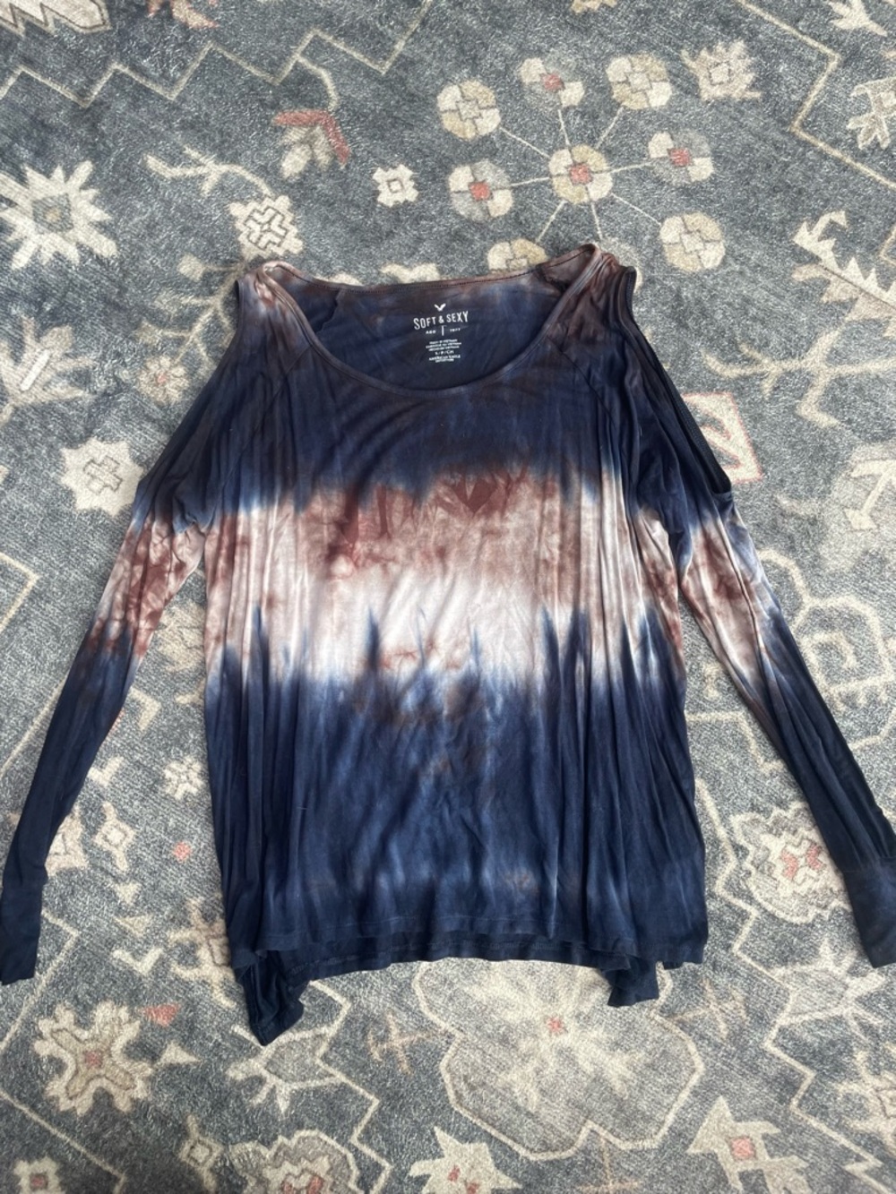 American Eagle Outfitters Long Sleeve Tie-Dye Top in Navy and Brown